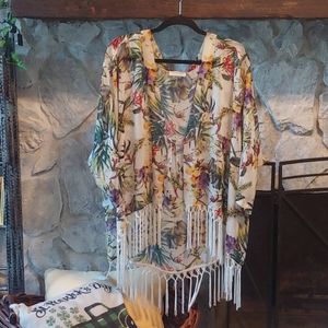Sheer Fringed Bottom Tropical Cardigan/Kimono
